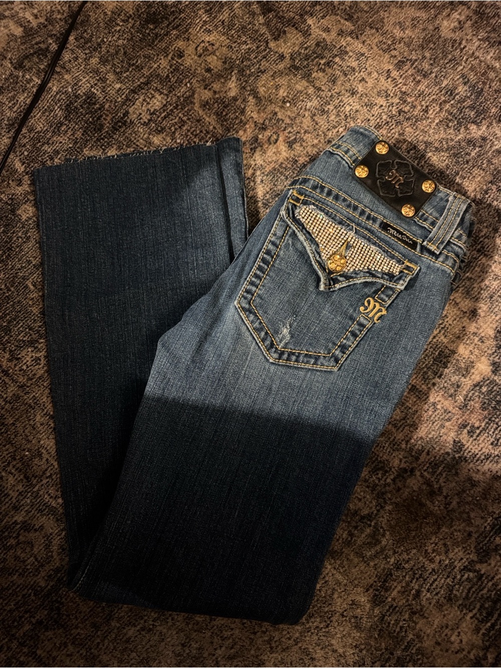 Miss Me Dark Blue Bootcut Jeans with Embellished Pockets#158